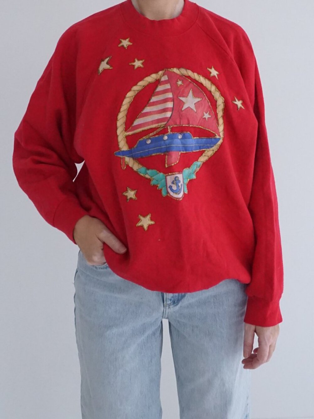 Vintage Fruit of the Loom Red Sailboat Star Rope Nautical Graphic Crewneck XL